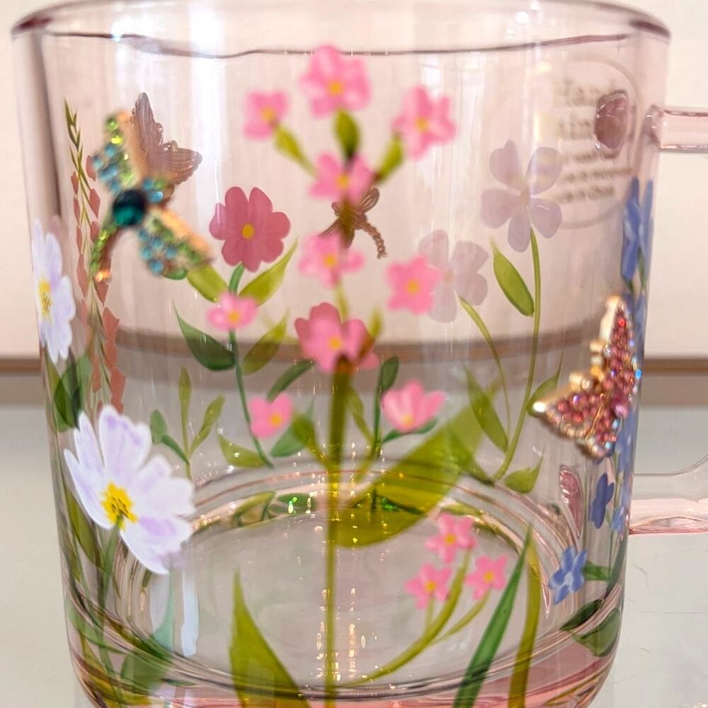 2pc Hand Painted & Jeweled Glass Mugs Multicolored Floral Butterfly NEW - Picture 9 of 15